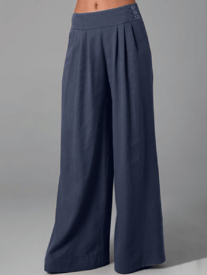 Women Solid Color Side Button Zipper Pocket Loose Casual Wide Leg Pants