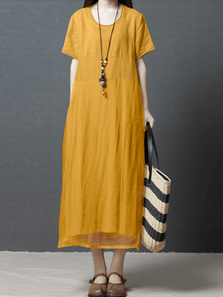 Women Solid Color Patchwork round Neck Cotton Midi Dress with Pocket