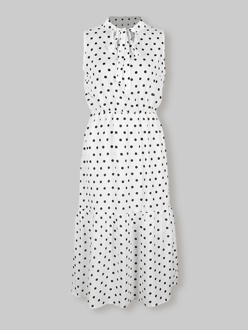 Polka Dot Print V-Neck Sleeveless Knotted Pleated Dress for Women