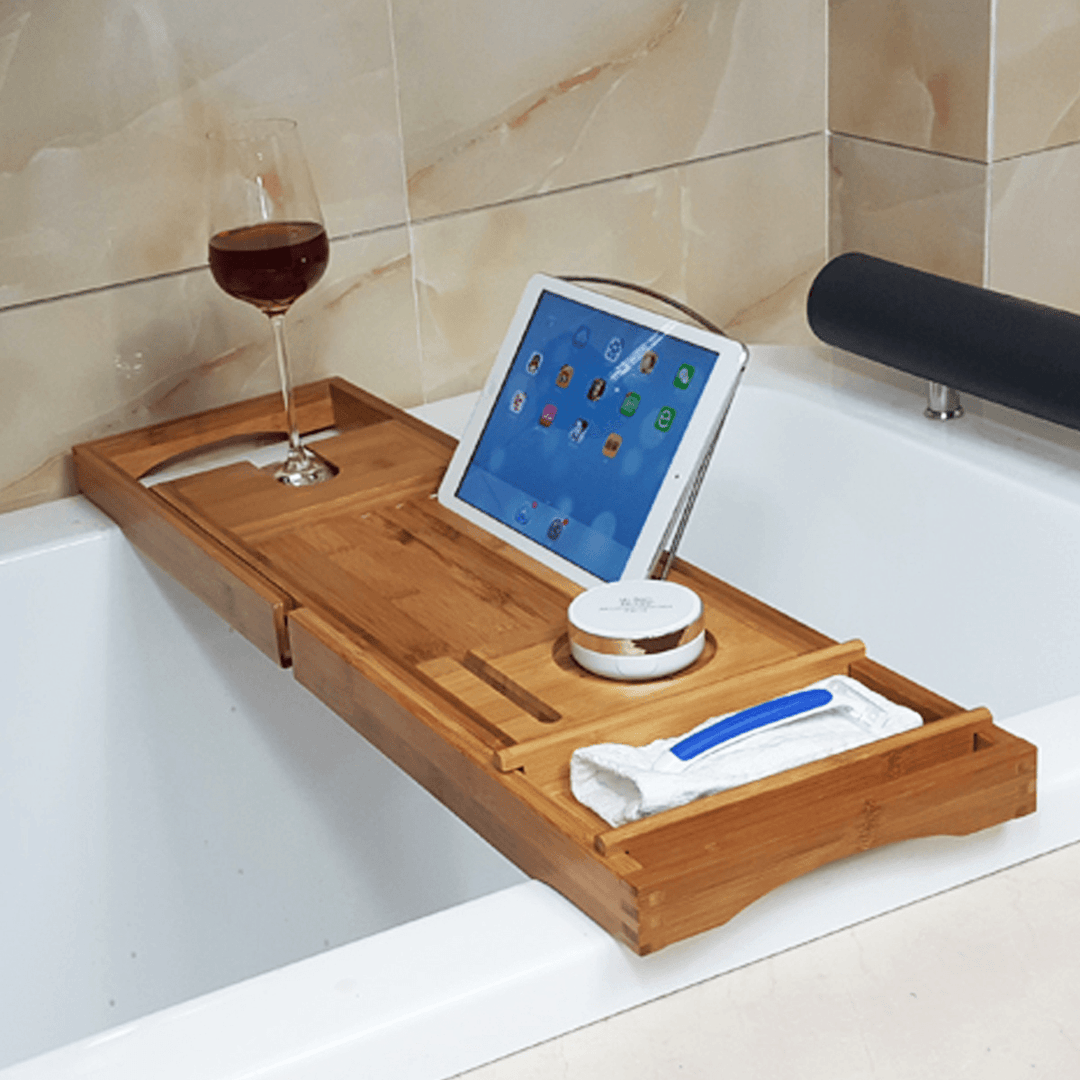 Honana BX-816 Expandable Bamboo Bath Caddy Wine Glass Holder Tray over Bathtub Rack Support Storage