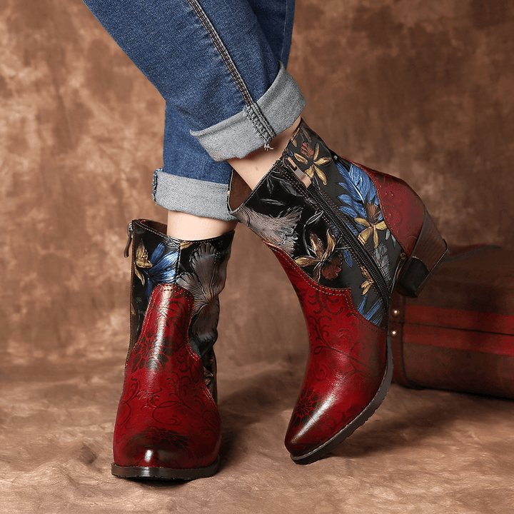 Women Retro Embossed Flowers Stitching Leather Ankle Boots