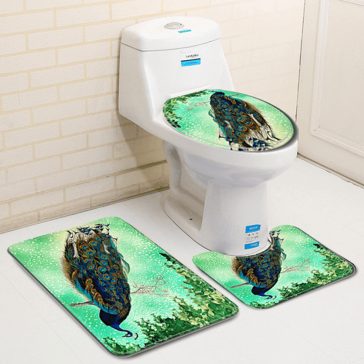 4Pcs Peacock Print Shower Curtain Floor Mat Bathroom Mat Bath Creat Decor