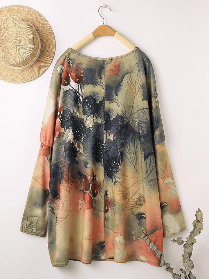 Women Vintage Painting Print O-Neck Casual Loose Long Sleeve Blouse