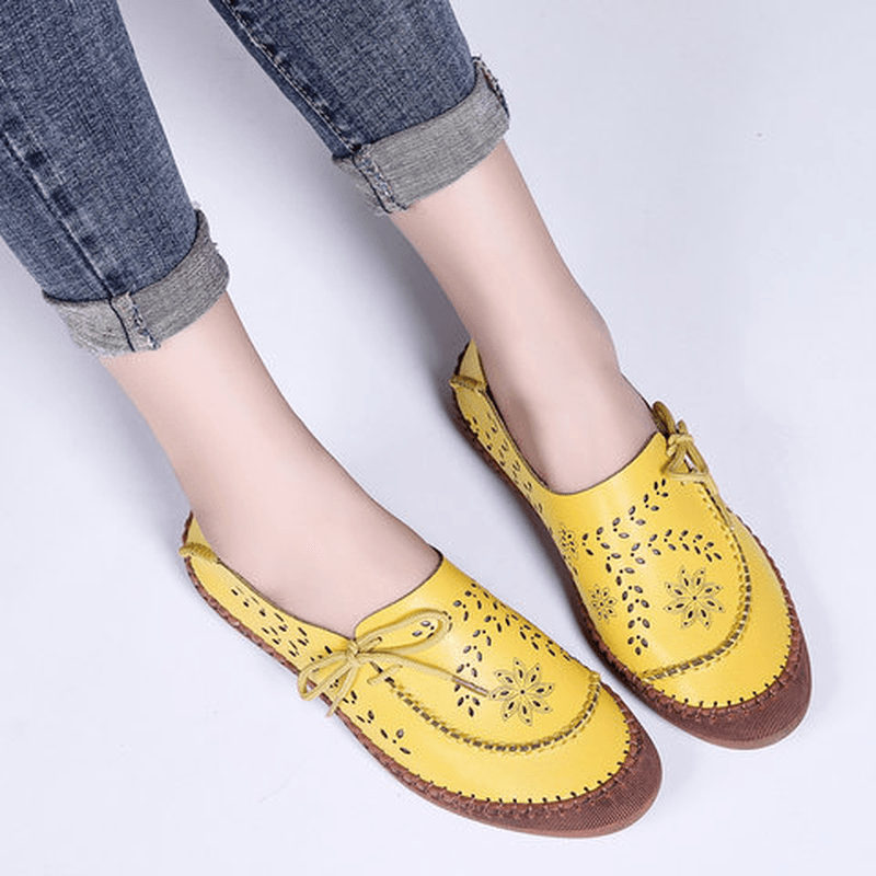 Women Genuine Leather plus Size Breathable Hollow Out Soft Sole Casual Flats Loafers