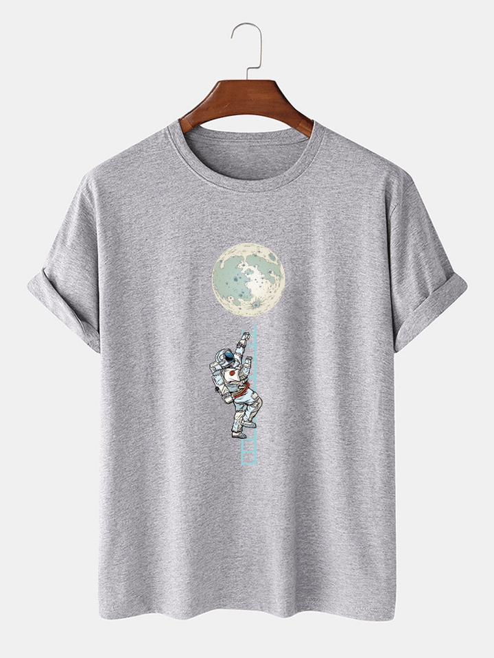 Mens 100% Cotton Funny Astronaut Print Short Sleeve Casual T-Shirts