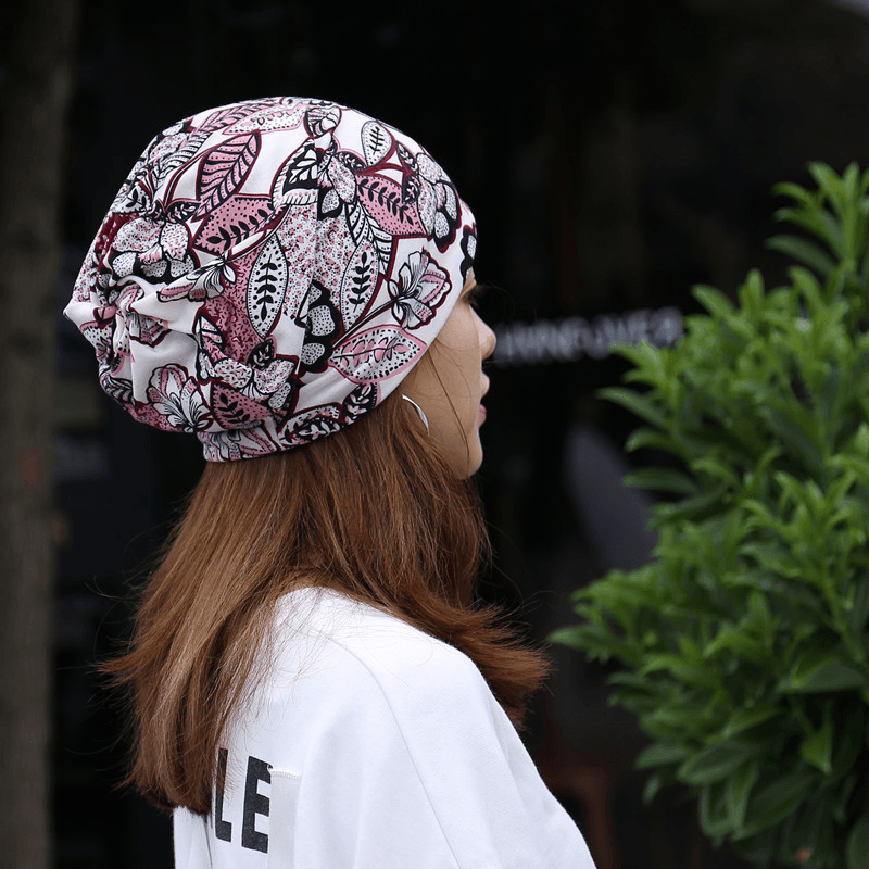 Women Cotton Floral Leaf Printing Pattern Casual Outdoor Dual-Use Neck Protection Brimless Beanie