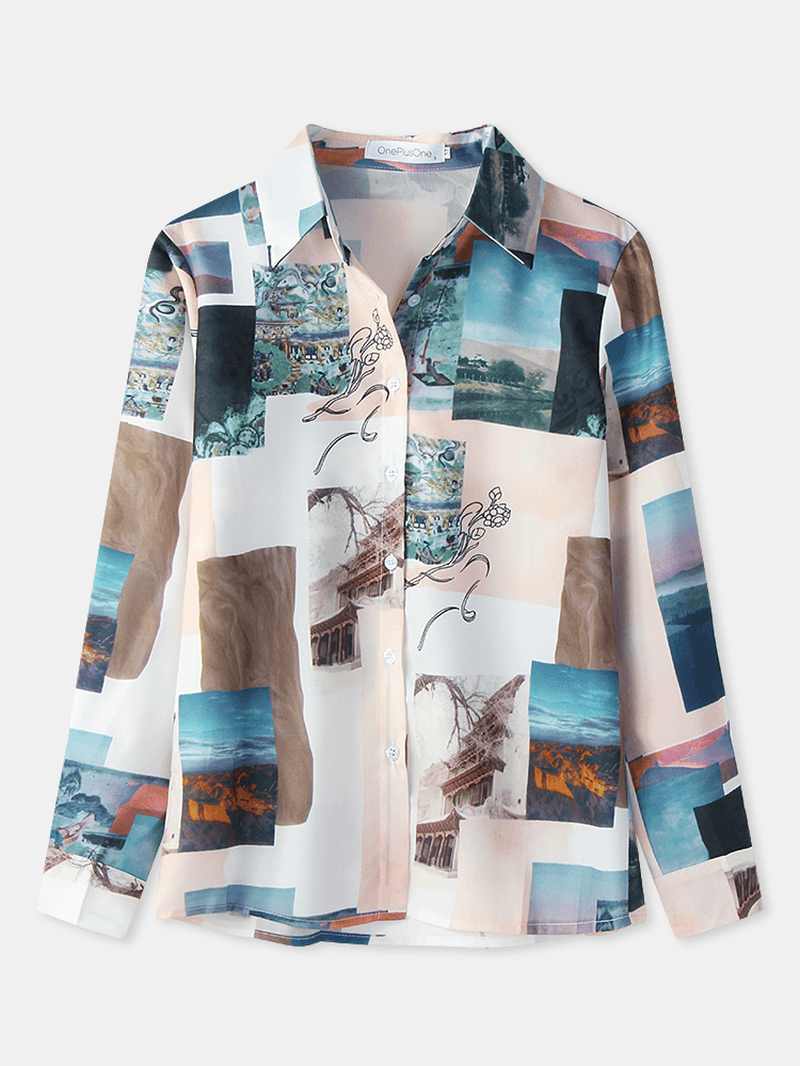 Women Block Landscape Print Long Sleeve Lapel Casual Blouse - MRSLM