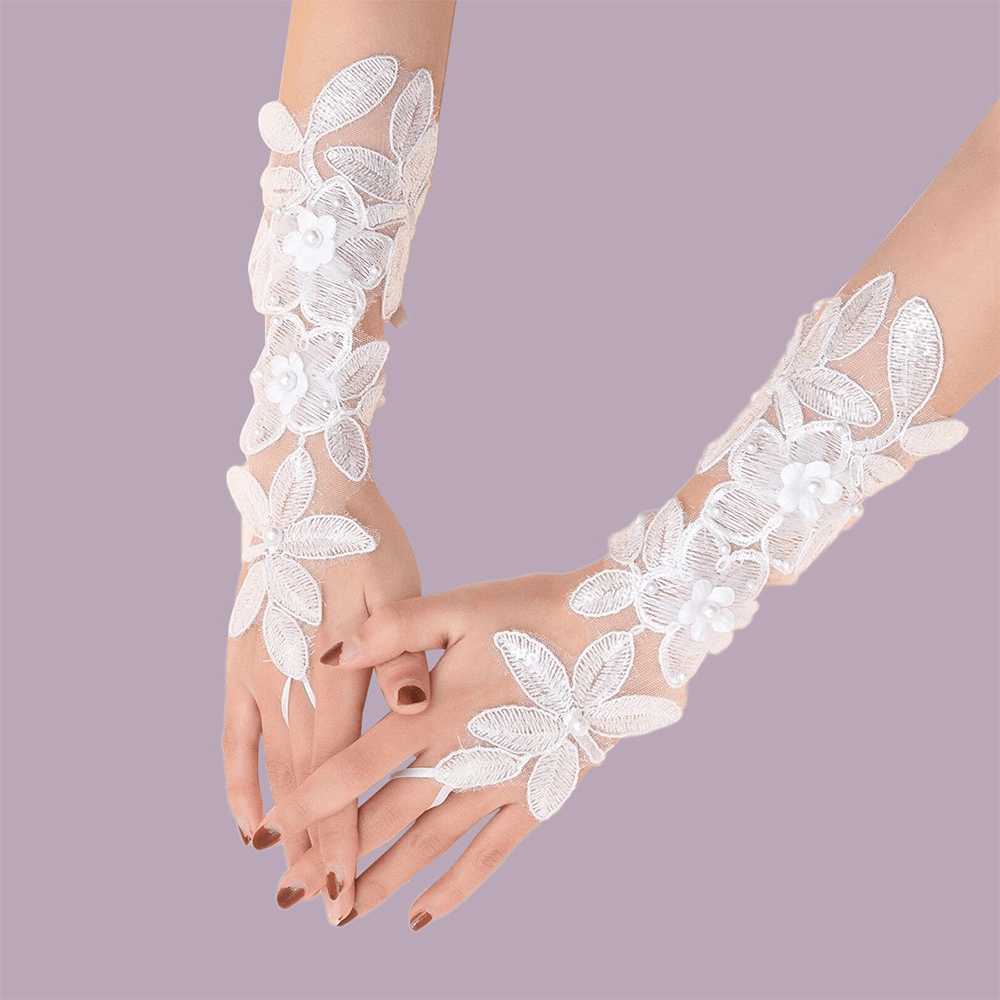 Women Mid-Length Lace Flowers Bandage Decorative Breathable Split Finger Gloves Sun Protection Sleeves