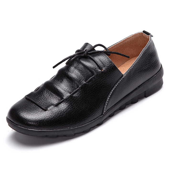 Casual Comfy Lace up Soft Leather round Toe Flat Loafer Shoe - MRSLM