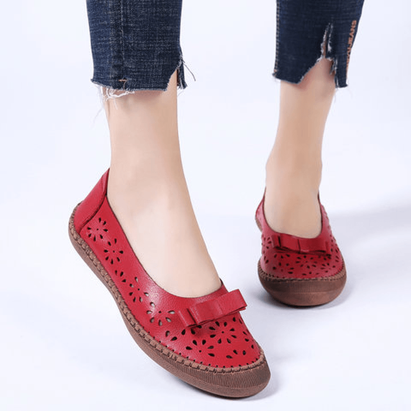 Women plus Size Genuine Leather Breathable Hollow Out Slip on Casual Flats Loafers