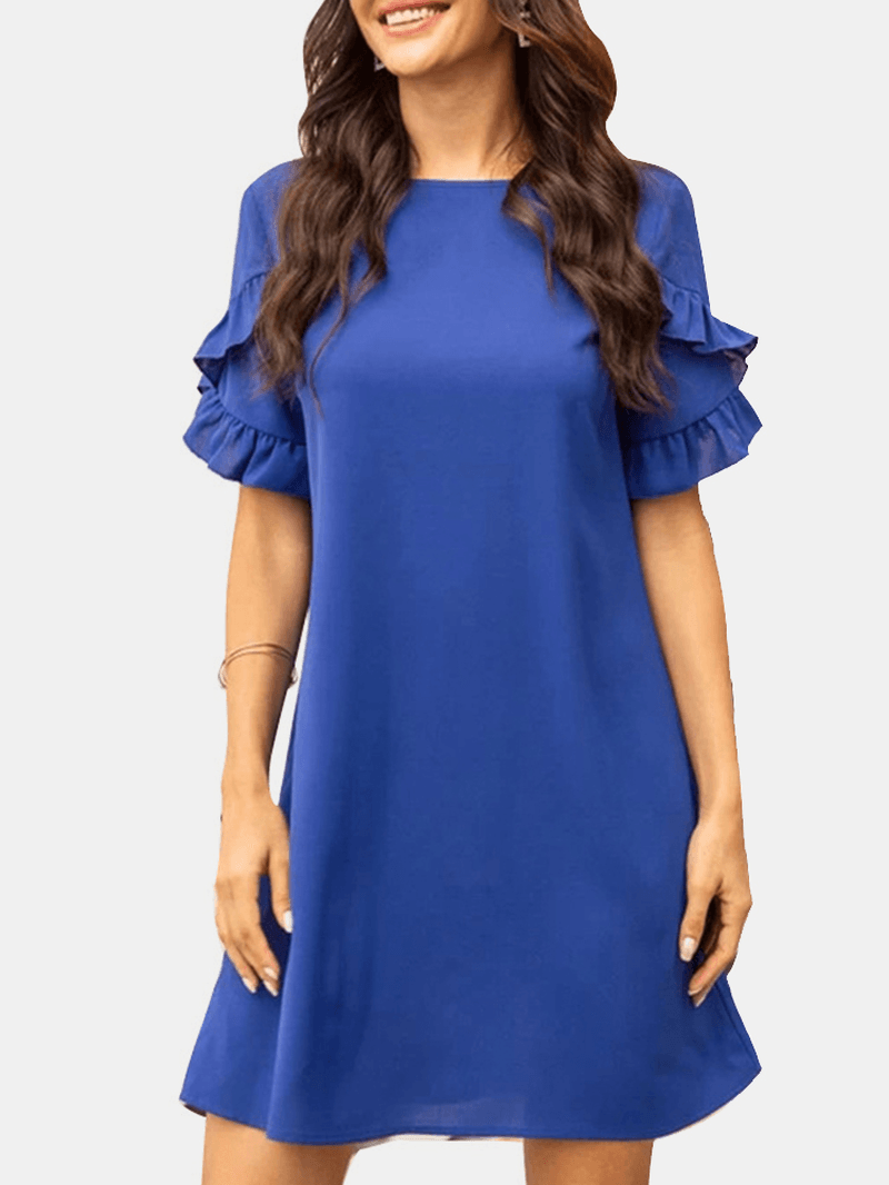 Solid Causal V-Neck Short Ruffled Sleeve Dress for Women