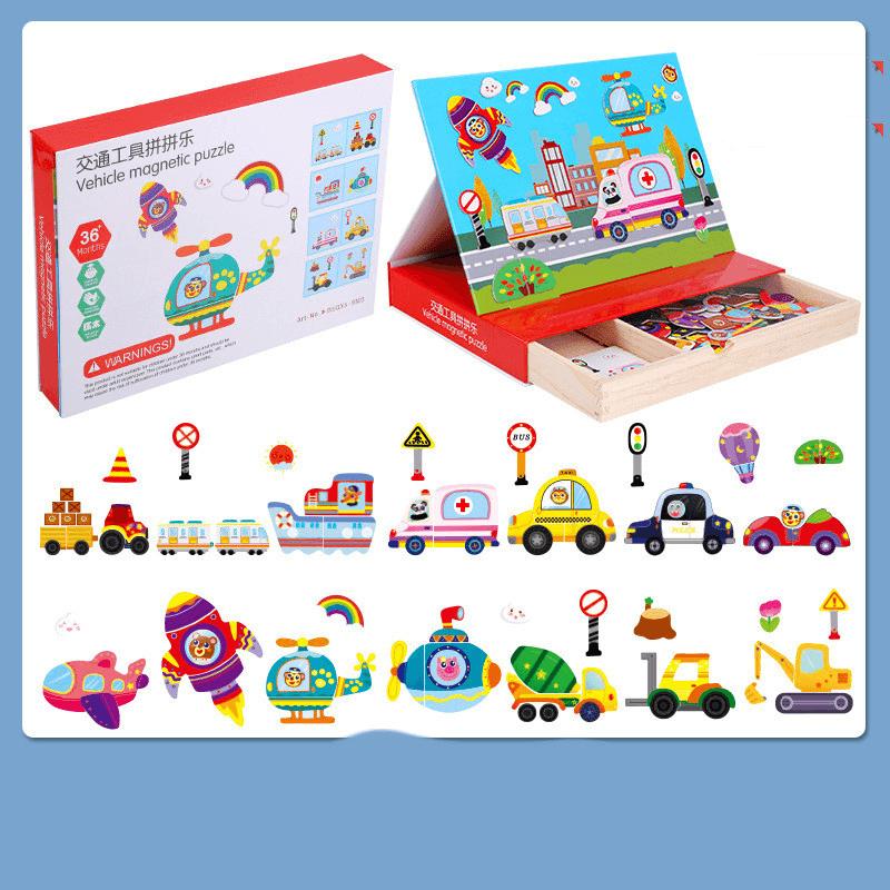 Multifunctional Puzzle Drawing Board Magnetic Sticker Toy Children Wooden