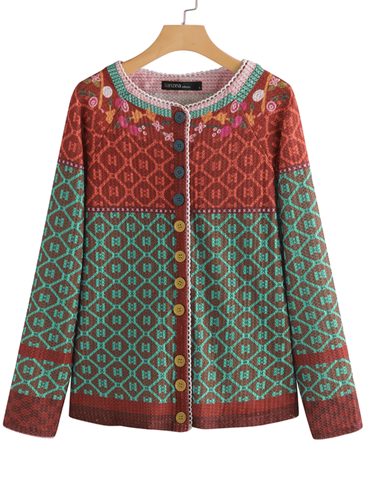 Ethnic Print Patchwork Long Sleeve Cardigans for Women