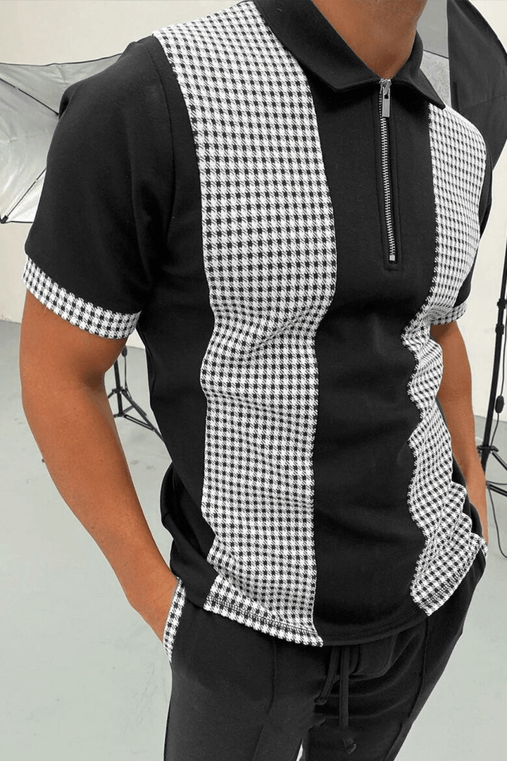 POLO Shirt Zipper Check Color Block Men'S T-Shirt