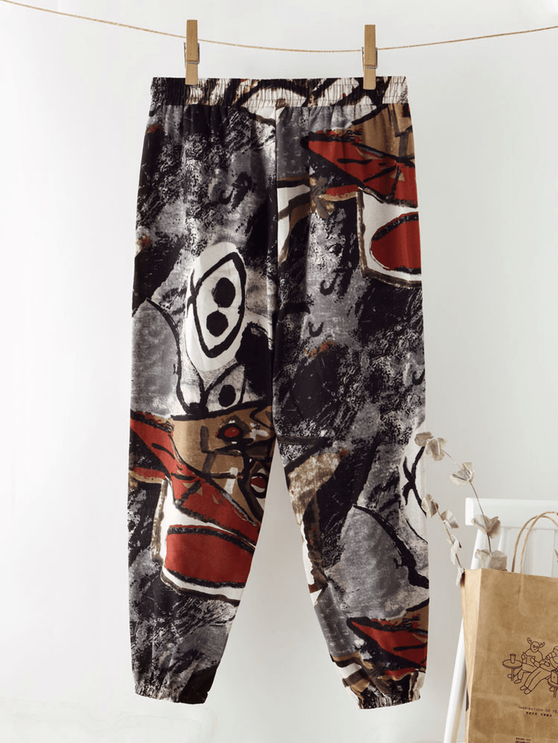 Ethnic Graffiti Print Drawstring Pocket Elastic Waist Harem Pants for Women