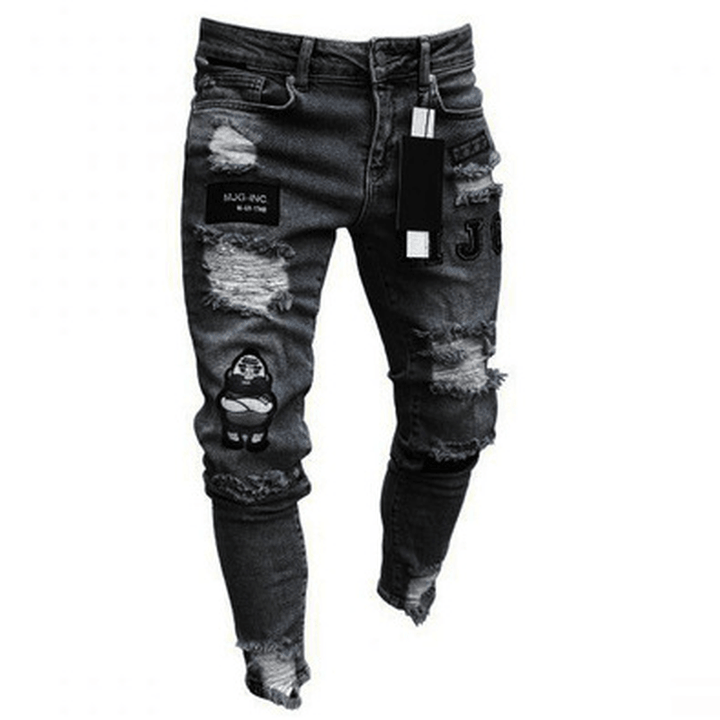 White High-End Denim Men'S Trousers Cross-Border Foreign Trade Hole Trend Black Slim Jeans Men