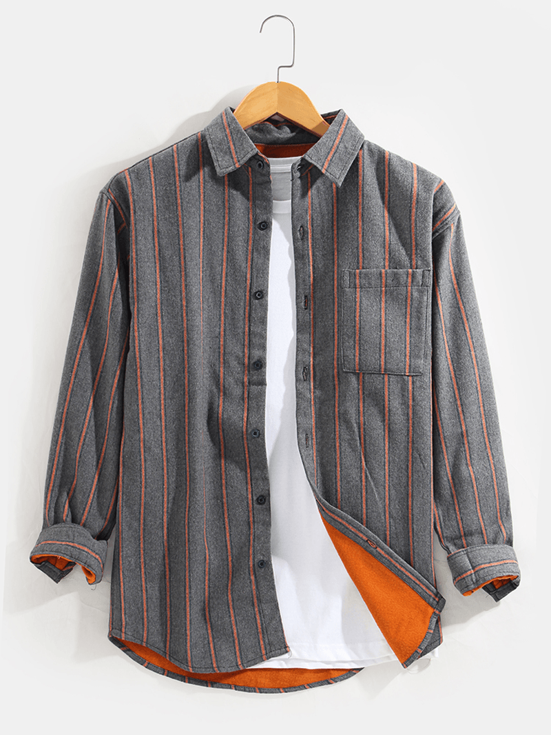 Mens Stripe Warm Thick Lined Pocket Long Sleeve Lapel Shirts