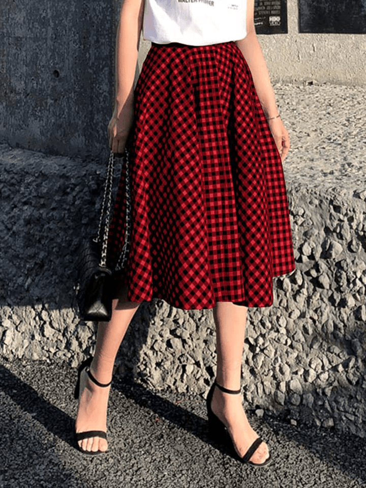 Women Plaid Pleated Spliced Loose Casual Leisure Skirts