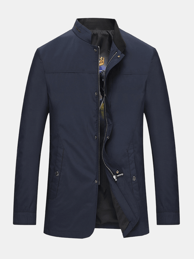 Mens Solid Color Stand Collar Pocket Classic Jacket