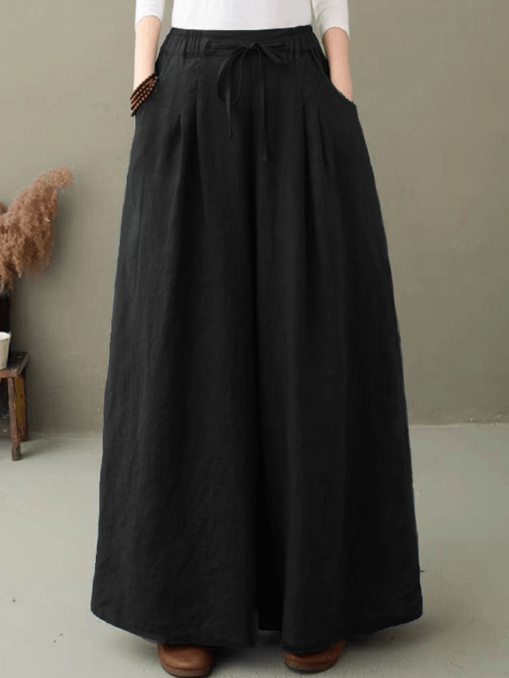 Women 100% Cotton Solid Color High Drawstring Waist Plain Casual Wide Leg Pants - MRSLM