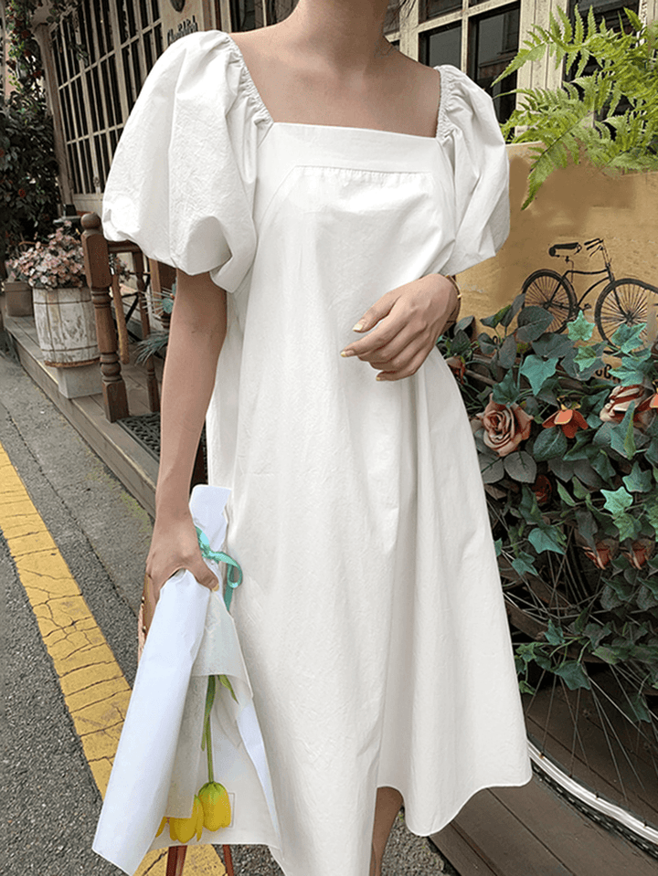 Puff Sleeve Square Collar Plain Solid Color Casual Midi Dress with Pocket