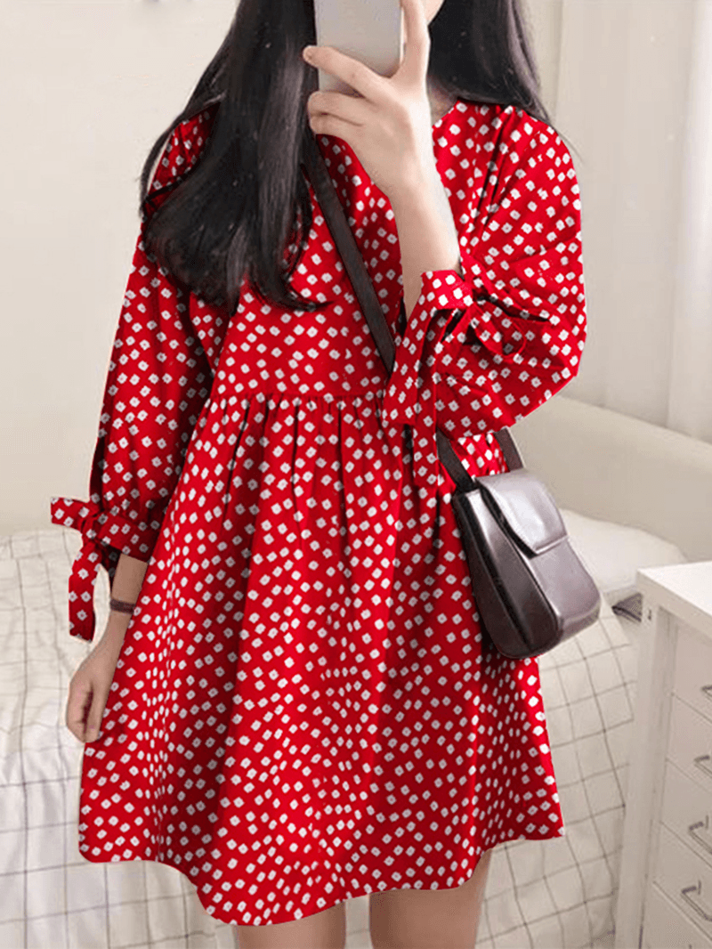 Women Cotton Polka Dot Pleat round Neck Loose Casual Mini Dress