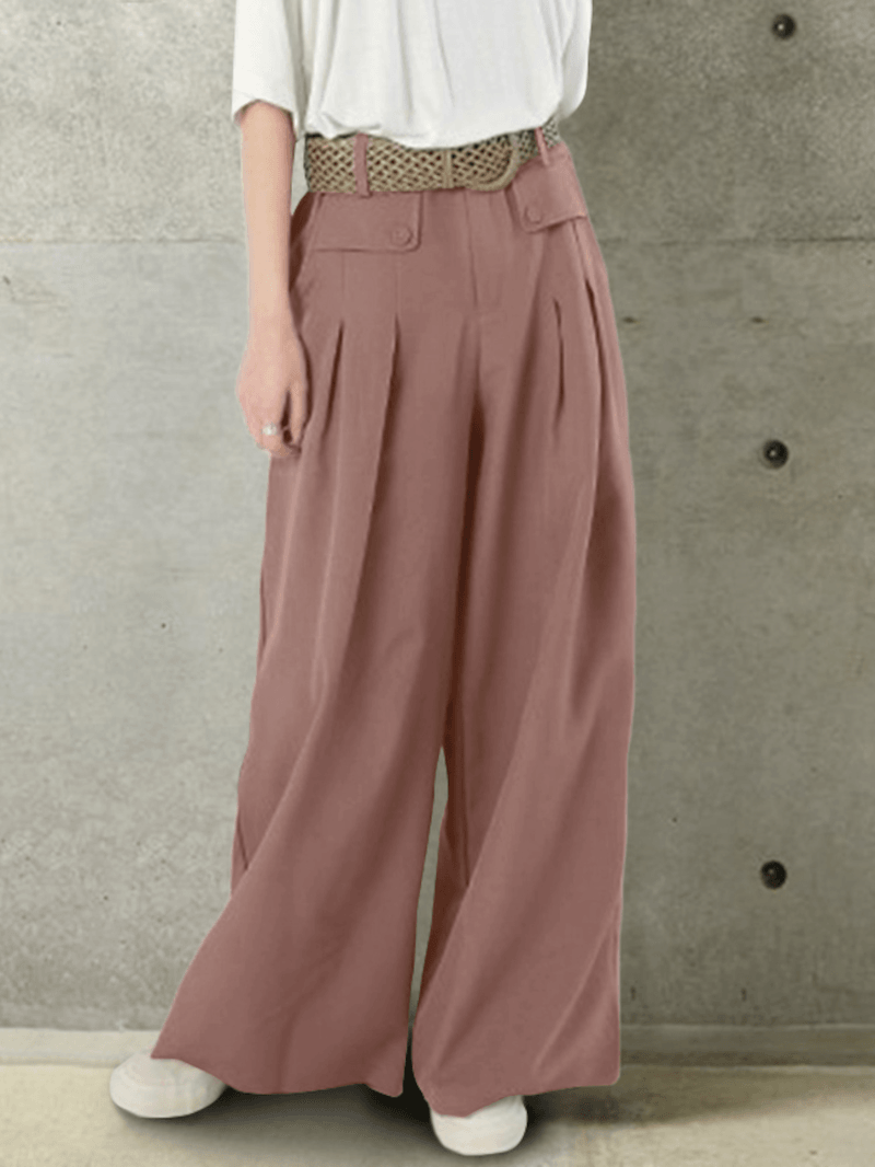 Women Solid Color Button Casual Loose Wide Leg Pants with Pocket