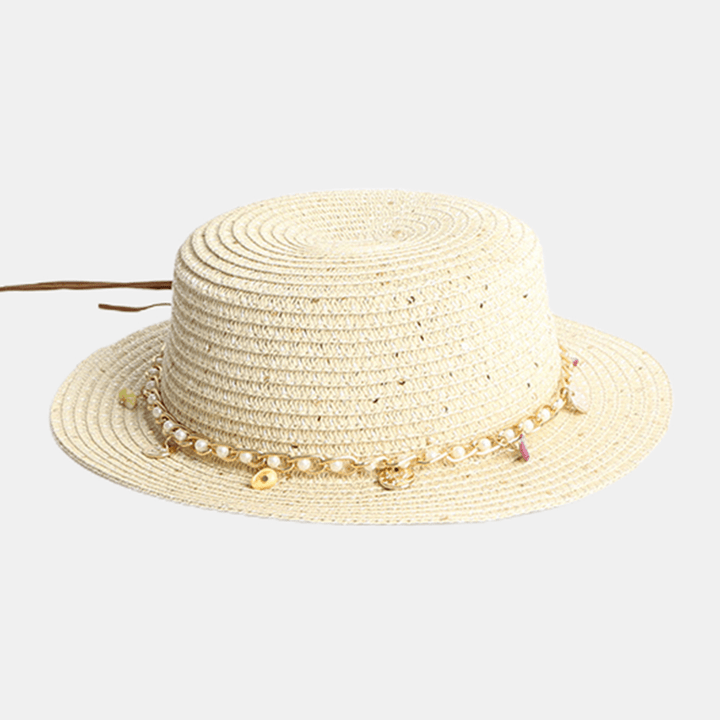 Women Sunscreen Summer Outdoor Casual Pearl Decoration Sun Hat Straw Hat - MRSLM