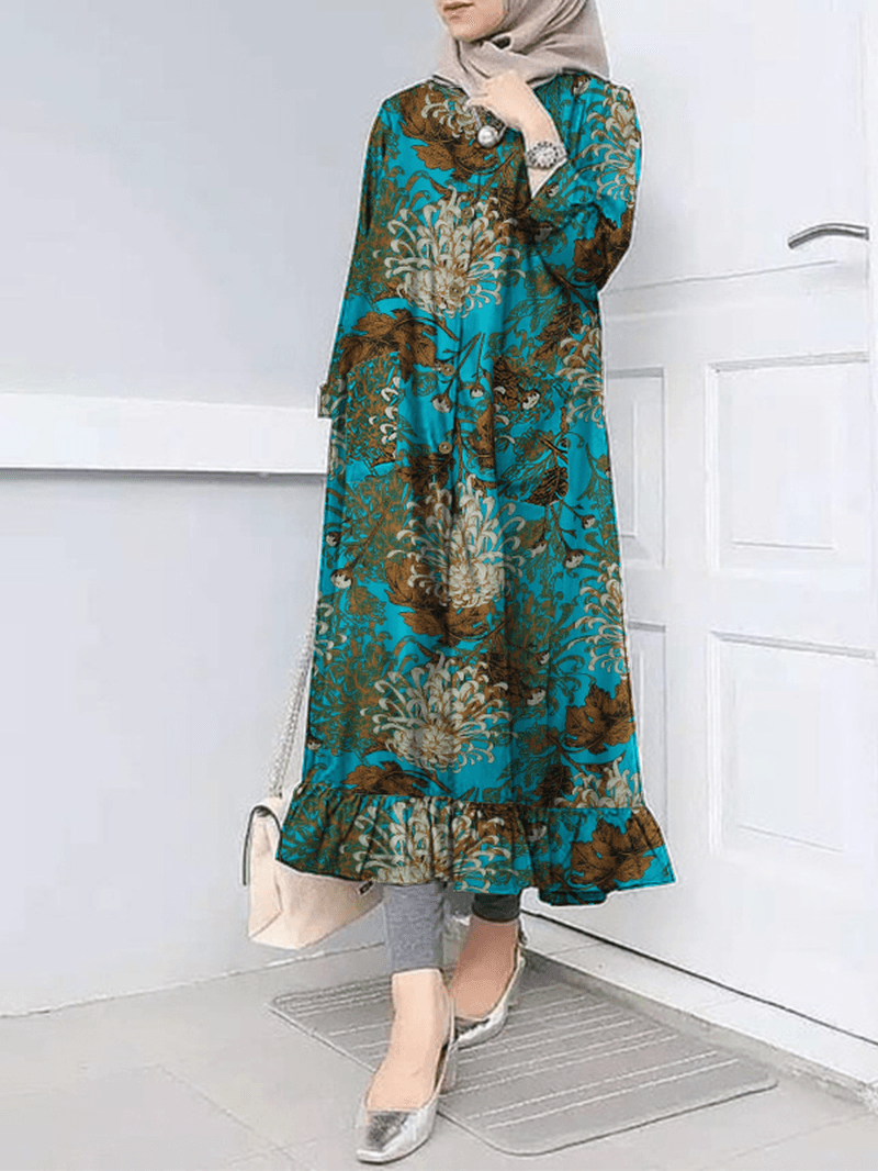 Women Flora Print Ruff Hem O-Neck Casual Bohemian Abaya Kaftan Shirt Dress with Pocket