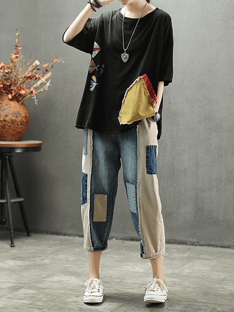 Contrast Color Patchwork Patch Casual Jeans