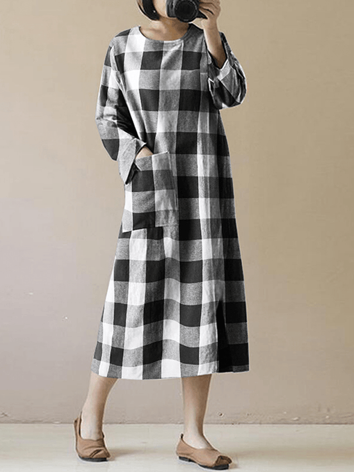 Women Vintage Plaid O-Neck Long Sleeve Splited Midi Dress - MRSLM