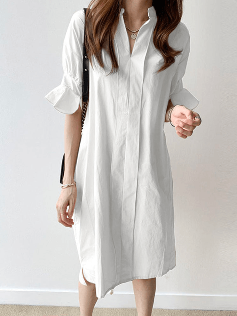 Casual Plain Lapel Button Half Sleeve Side Pocket Shirt Dress - MRSLM