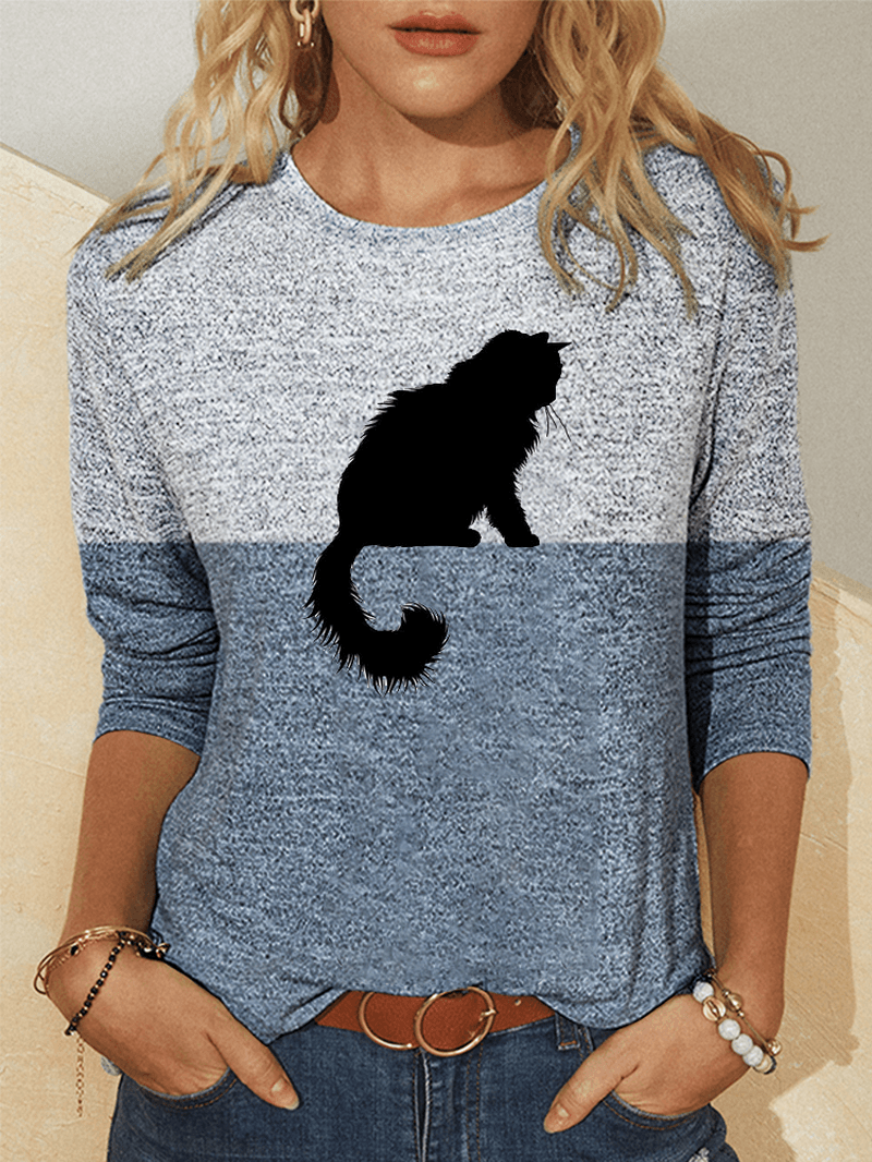 Women Cute Cat Print Colorblock Long Sleeve Casual Blouses