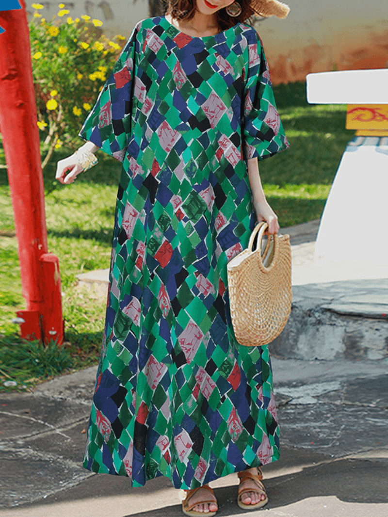 Vintage Geometry Print O-Neck Half Sleeve Bohemia Maxi Dress - MRSLM