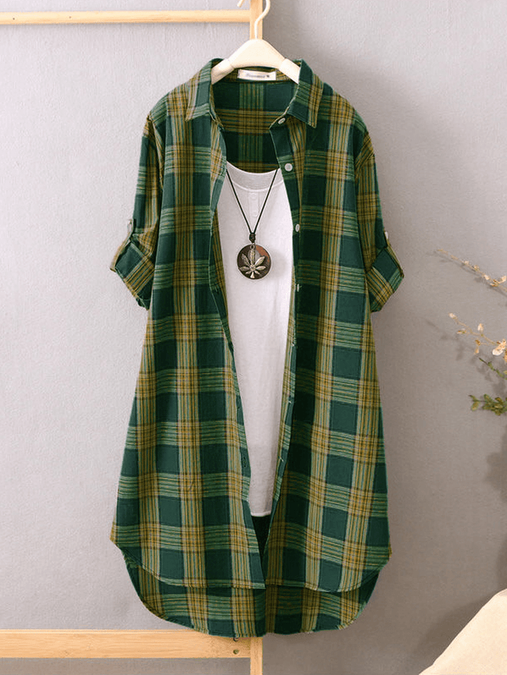 Women Plaid Lapel Collar Long Sleeve Casual Long Shirts