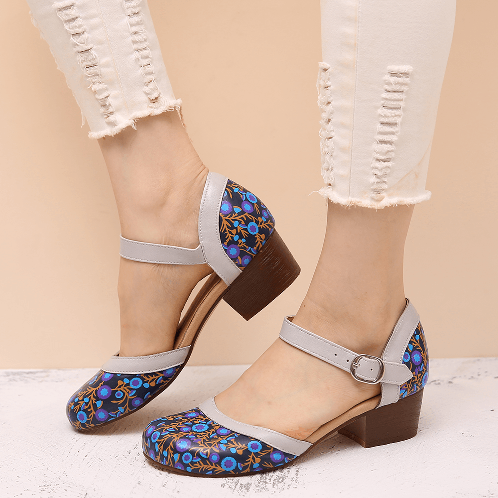 LOSTISY Women Printed round Toe Ankle Strap Block Heel Casual Heels Pumps