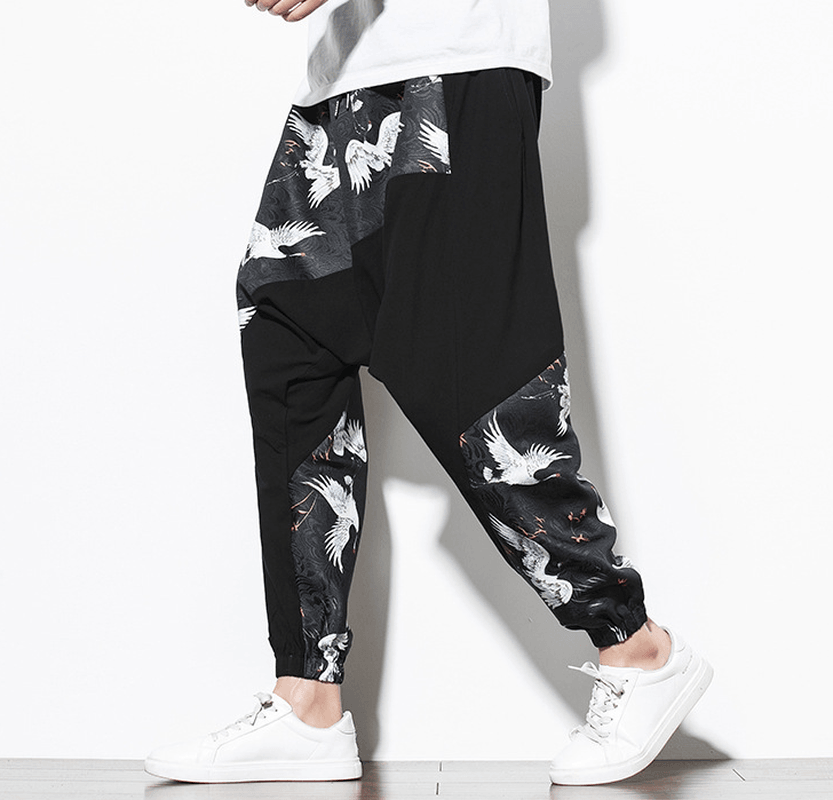 Chinese Style Crane Print Big Crotch Cotton and Linen Casual Pants