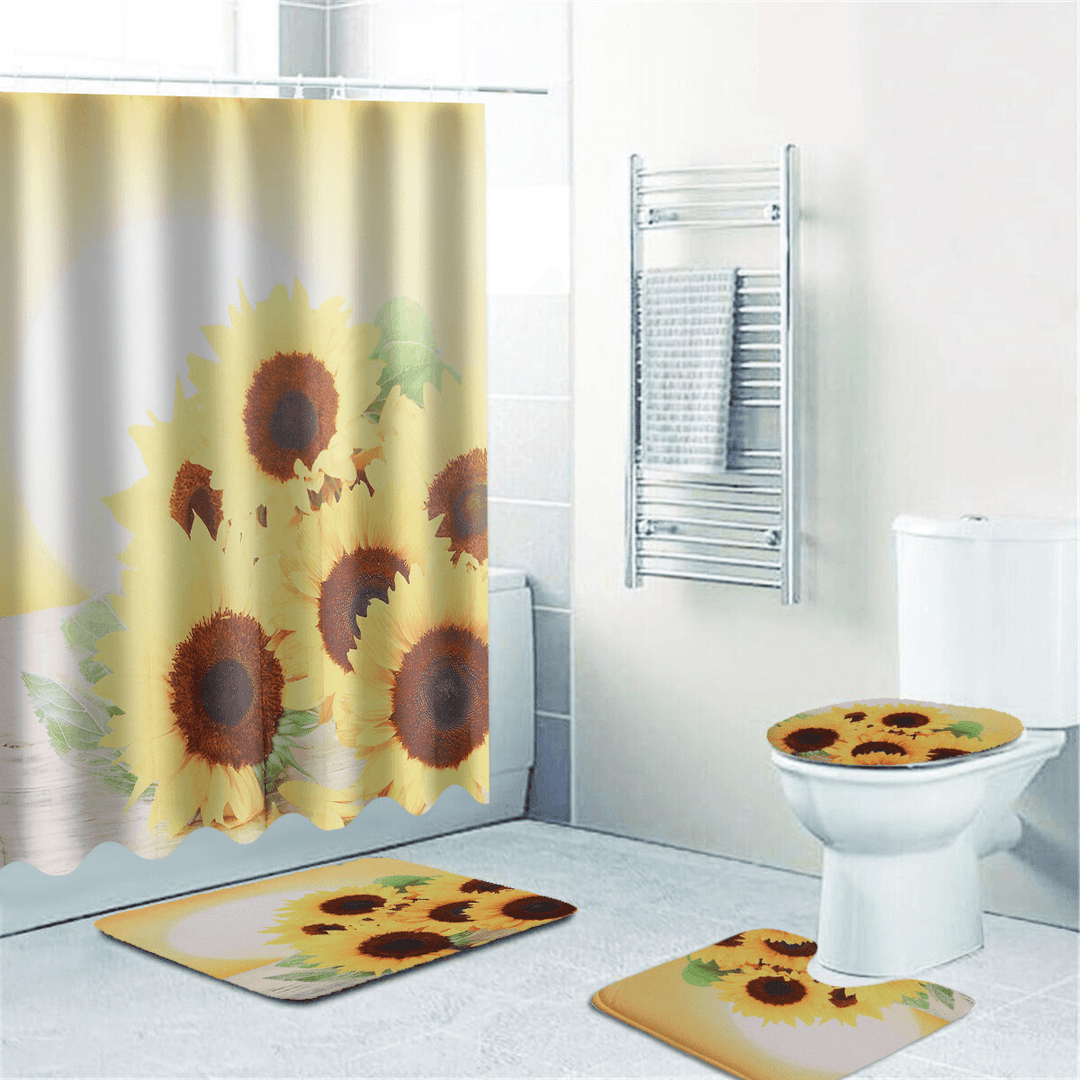 Sunflower Waterproof Shower Curtain Toilet Lid Cover Bathroom Non-Slip Mat Set