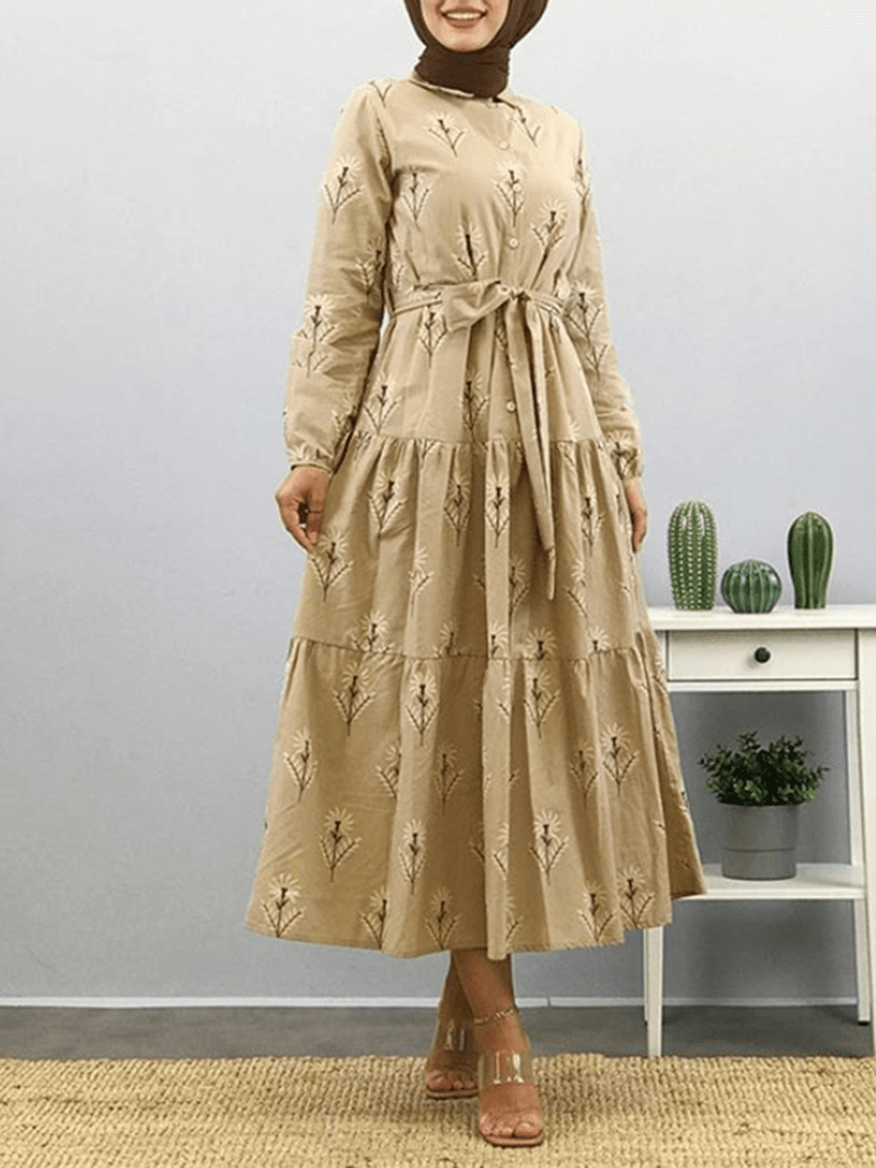 Women Floral Print Lapel Puff Sleeve Kaftan Maxi Dress with Belted - MRSLM