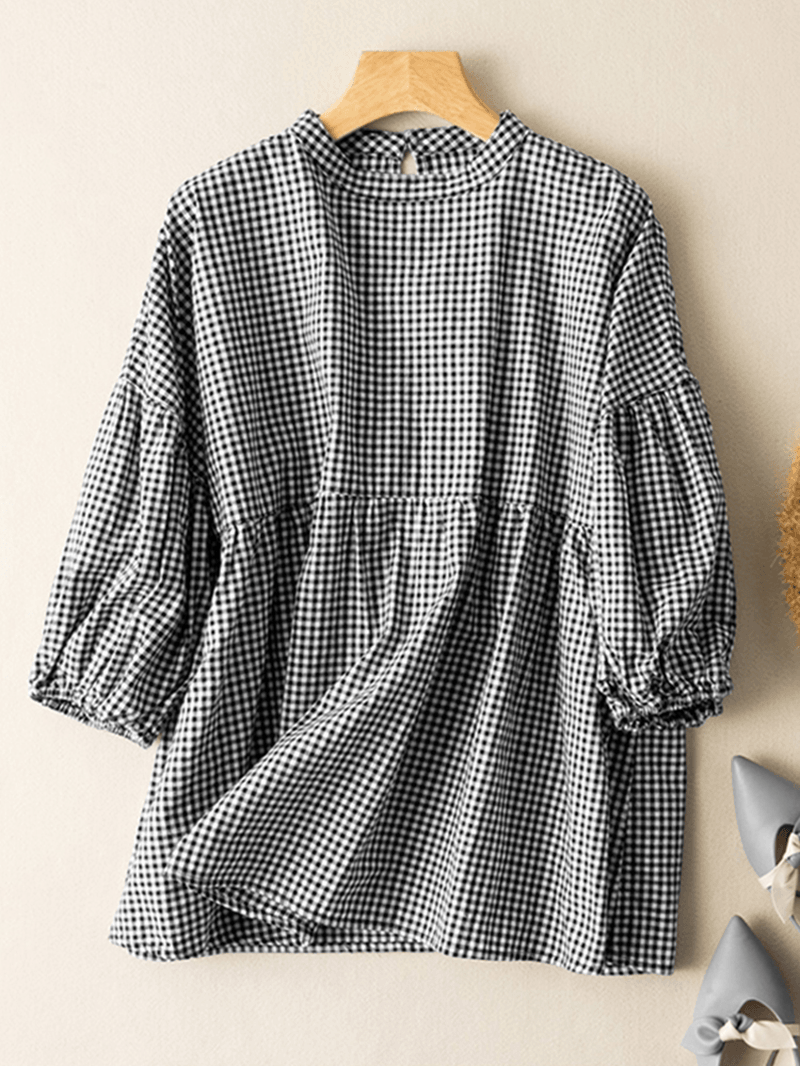 Women Plaid Printed Pleats O-Neck Butterfly Knot Drawstring Loose Shirts - MRSLM