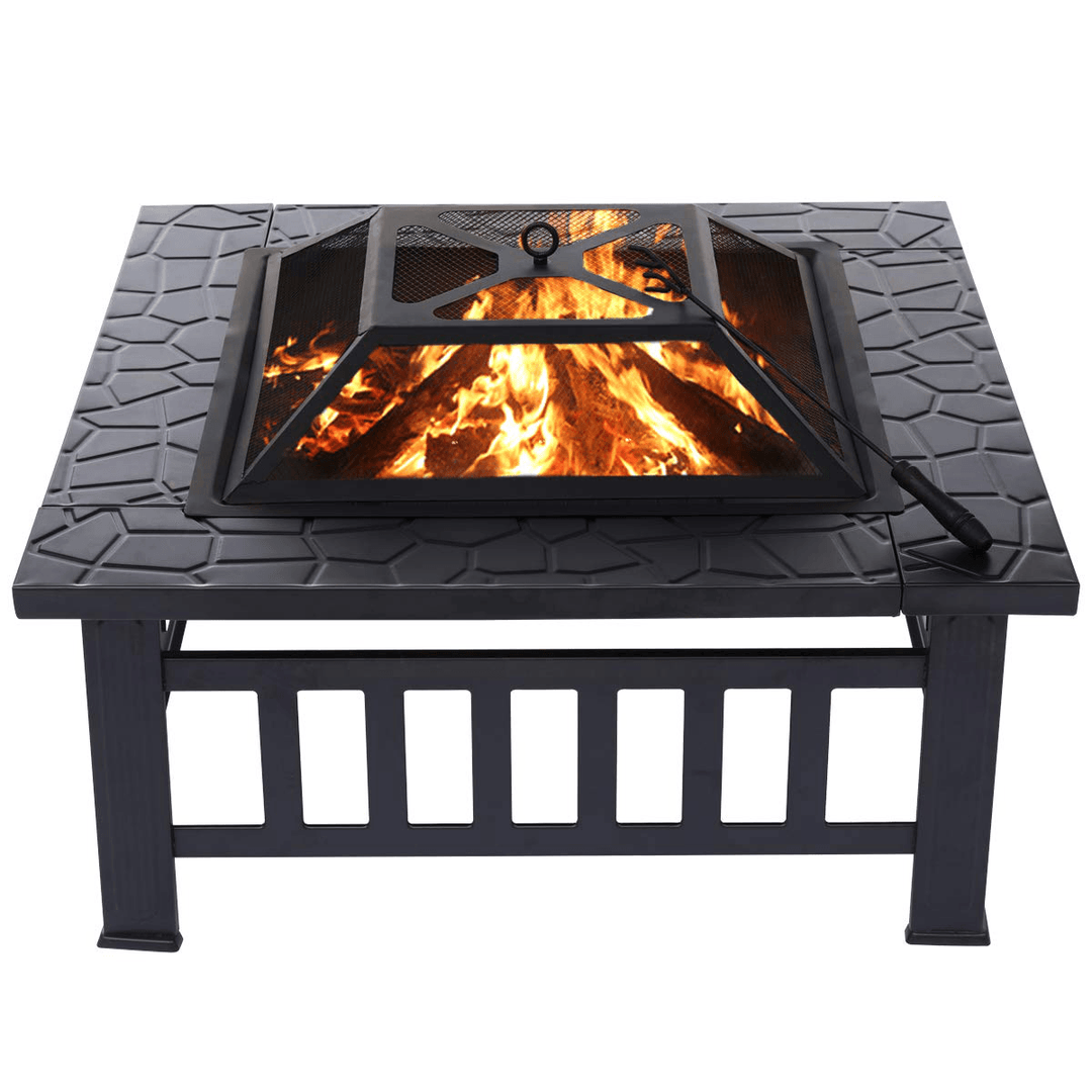 32Inch Outdoor Fire Pit Metal Square Wood Burning Stove BBQ Grill Pit Bowl with Spark Screen Cover Log Grate Poker Outdoor Camping Picnic