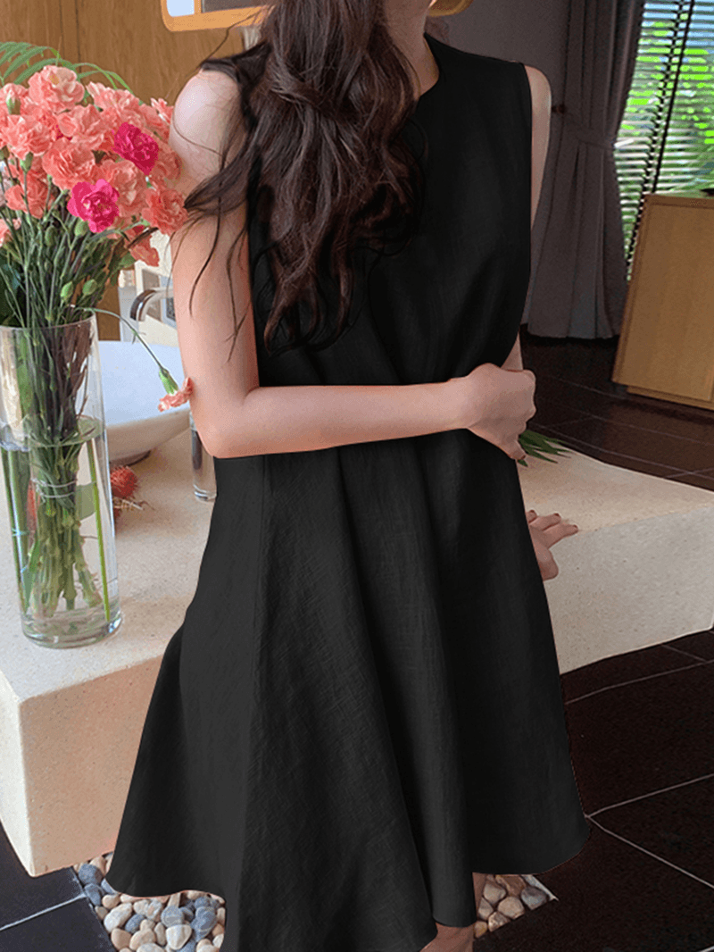 Women Cotton Solid Color round Neck Sleeveless Casual Midi Dress