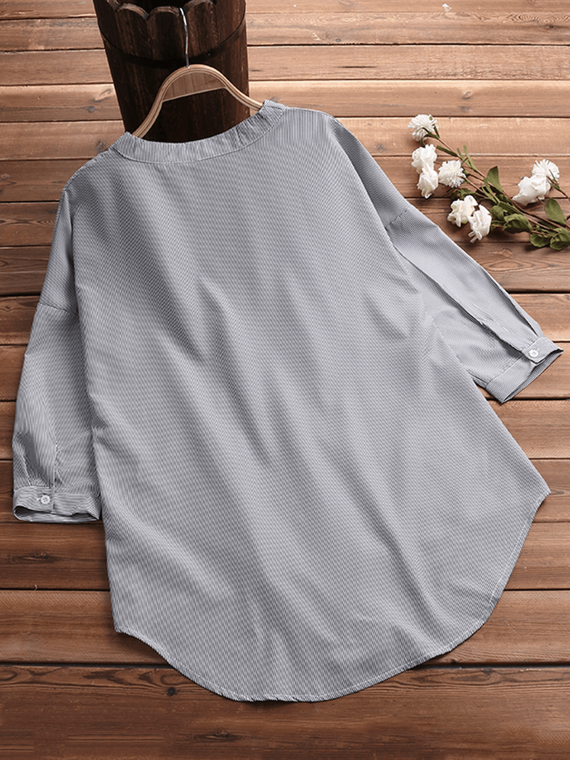 Women Striped V Neck Half Sleeve Loose Blouse