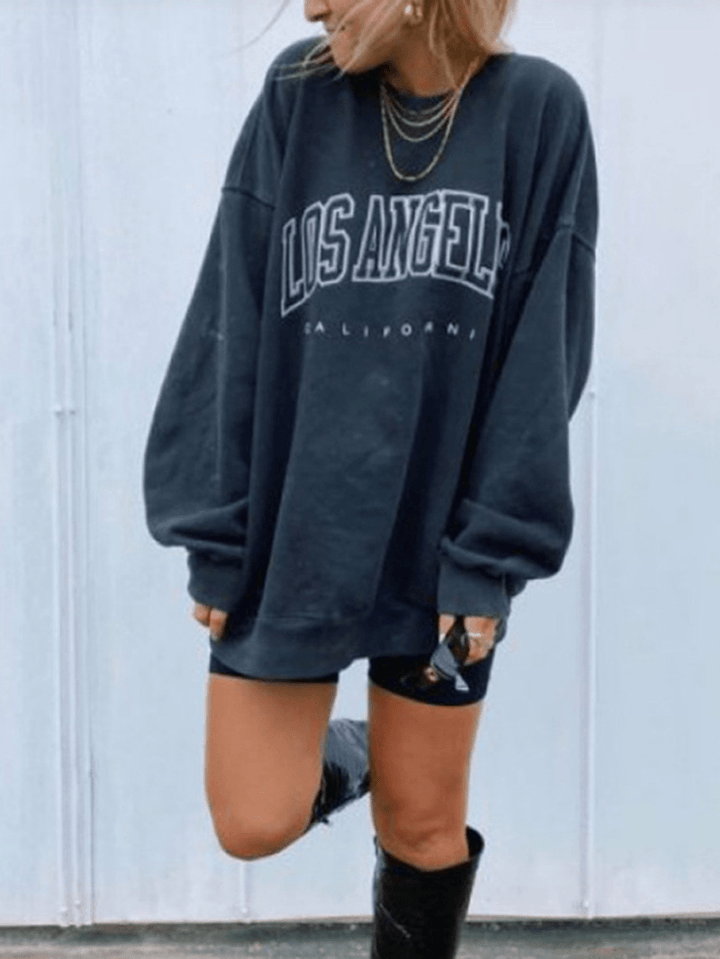 Women Letter Print Drop Shoulder Pullover Simple Navy Sweatshirt - MRSLM