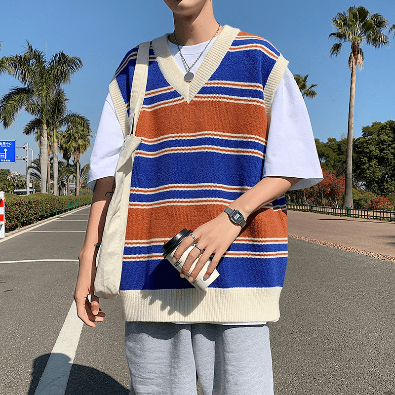 Men'S Korean Loose Striped V-Neck Sweater