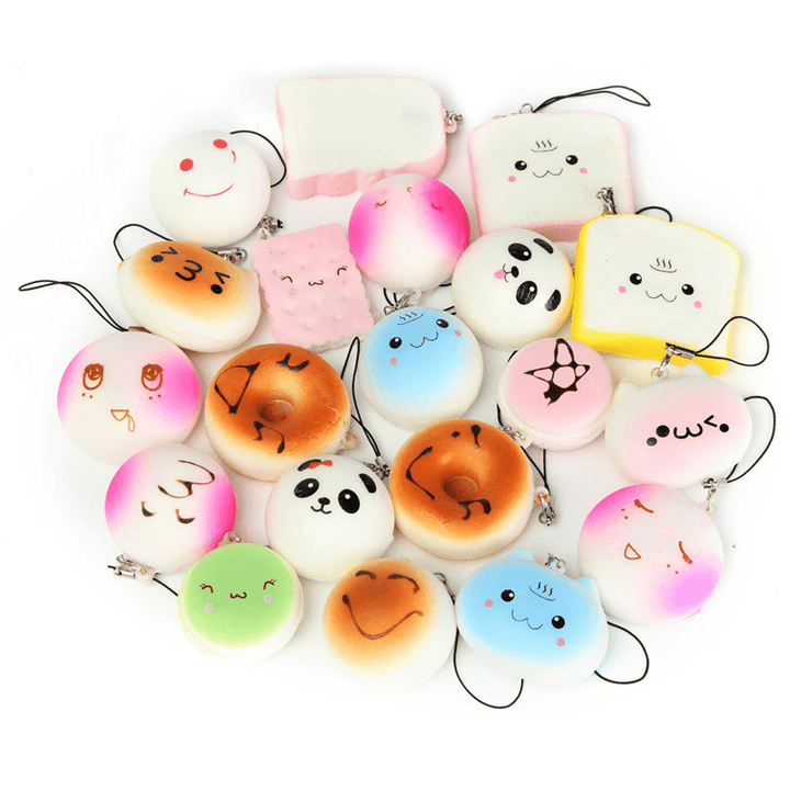 20PCS Random Medium Mini Squishy Soft Panda Bread Cake Buns Phone Straps