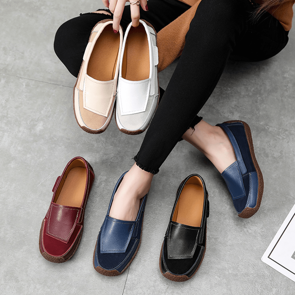 Women Comfy Leather Splicing Soft Slip on Flat Loafers