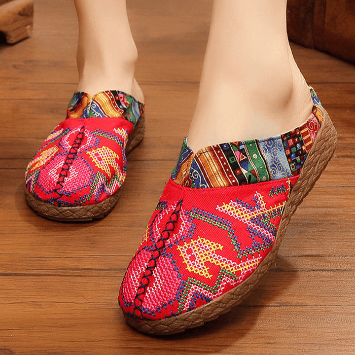 Women Flax Casual Outdoor Embroidery Flat Slipper Shoes