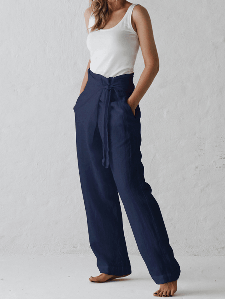 Women Cotton Belted High Waist Casual Wide Leg Harem Pants