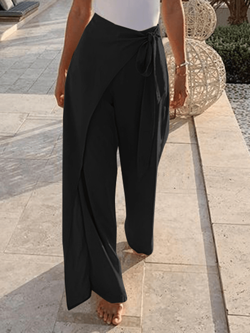 Solid Color High Waist Bandage Zipper Irregular Women Casual Wide Leg Pants